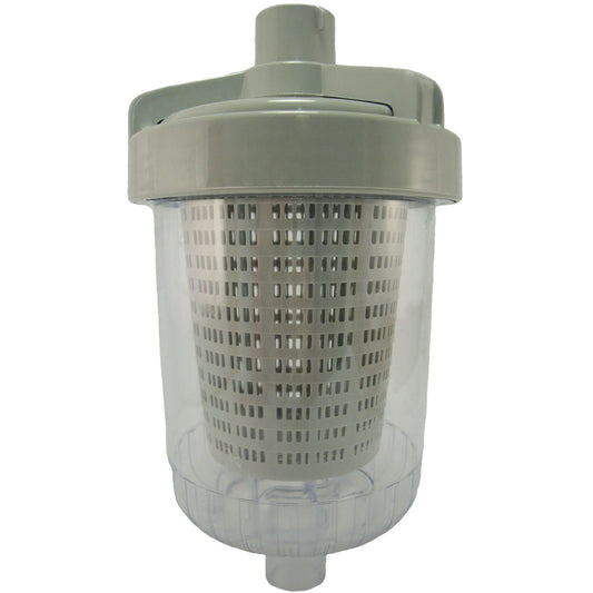 The Hayward Standard Leaf Canister (W560) by HAYWARD is a gray plastic, cylindrical water filter with a slotted design, complete with a cap and input/output nozzles for vacuuming. It efficiently captures debris, similar to Hayward leaf canisters.