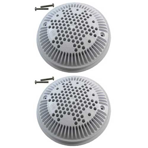 Two circular, vented Hayward Dual Suction Frame & Cover units, WG1030AVPAK2, are displayed side by side. A screw and wall anchor sit near the top unit, highlighting their importance in installation.