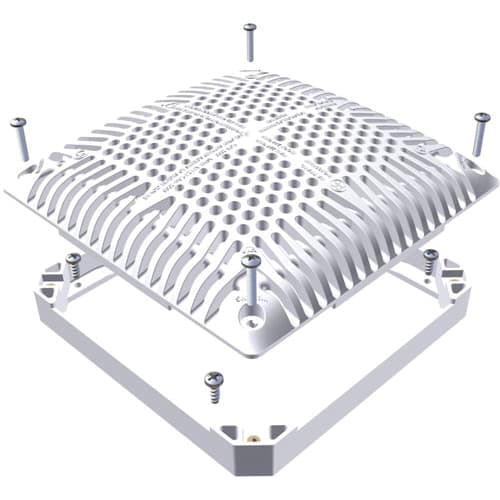 The HAYWARD Hayward 9" x 9" High Flow Grate, model WGX1031BHF2, features a perforated surface with fins and an inner frame. It includes four detachable screws for easy installation.