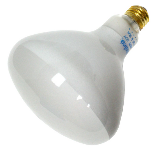 A Halco Incandescent Light Bulb 400W 120V | 104038 by Pool Goods, ideal for recessed can lights, emits a soft white glow. Its wide, flat top and screw base are shown angled slightly to the left on a clean white background.