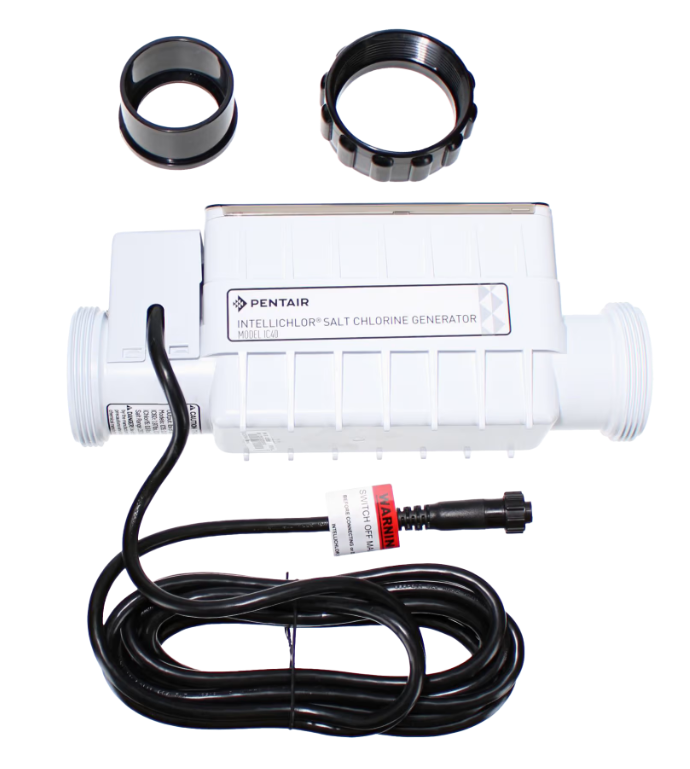 The Pentair IntelliChlor IC40 Cell Salt Chlorine Generator (EC520555) includes a black power cord and two black threaded connectors for effective pool sanitization.