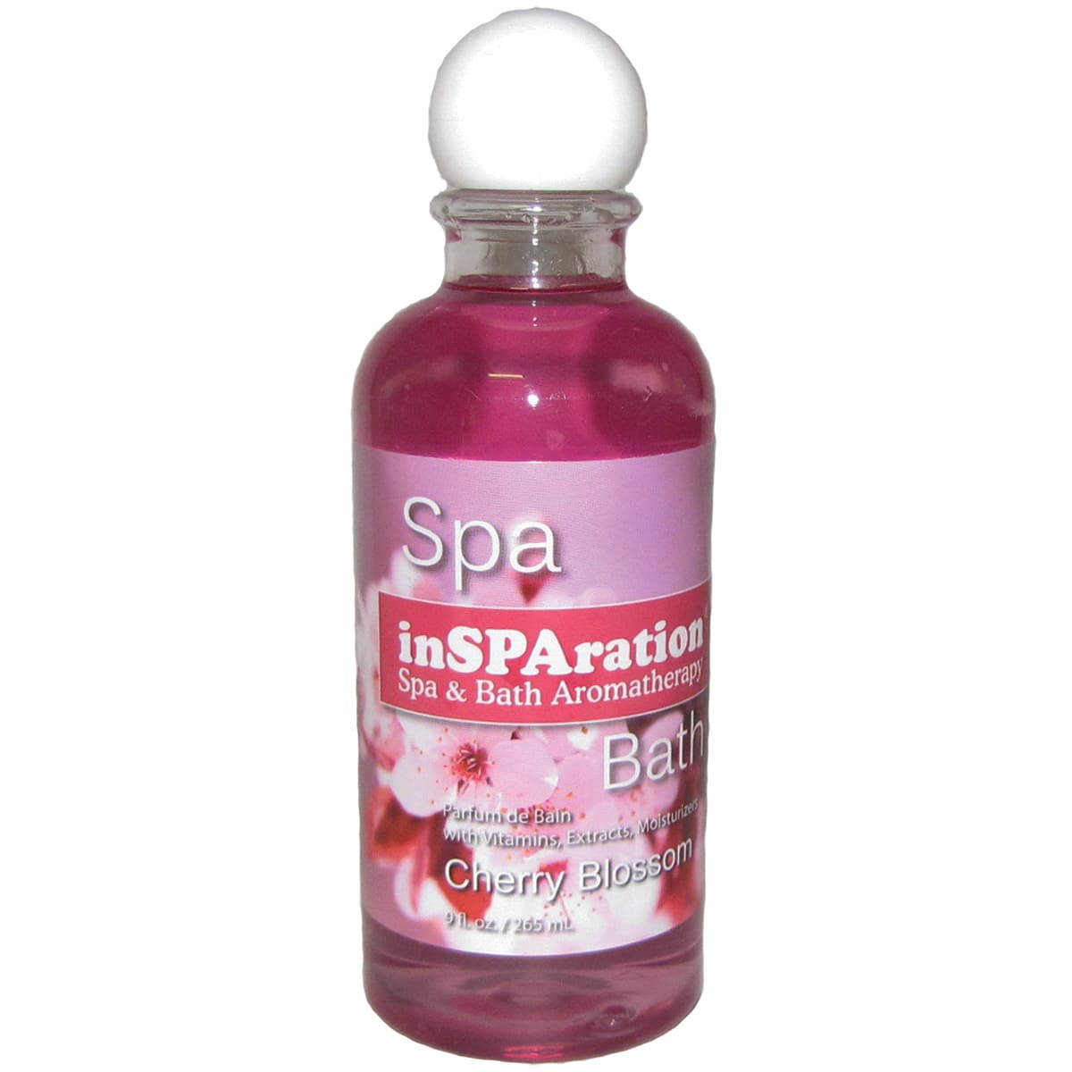 Enjoy a soothing soak with Cherry Blossom Spa Aromatherapy 212x by inSPAration, featuring a pink label and white cap—perfect for infusing your hot tub with relaxing fragrance.
