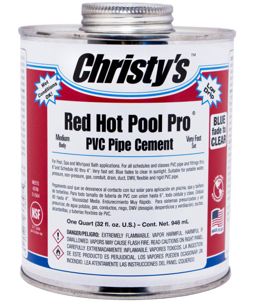 A pint can of Pool Goods IPS 747 Blue Pool/Spa Cement (10853 Glue), featuring a screw cap, safety and product details, labeled for pool & spa use.