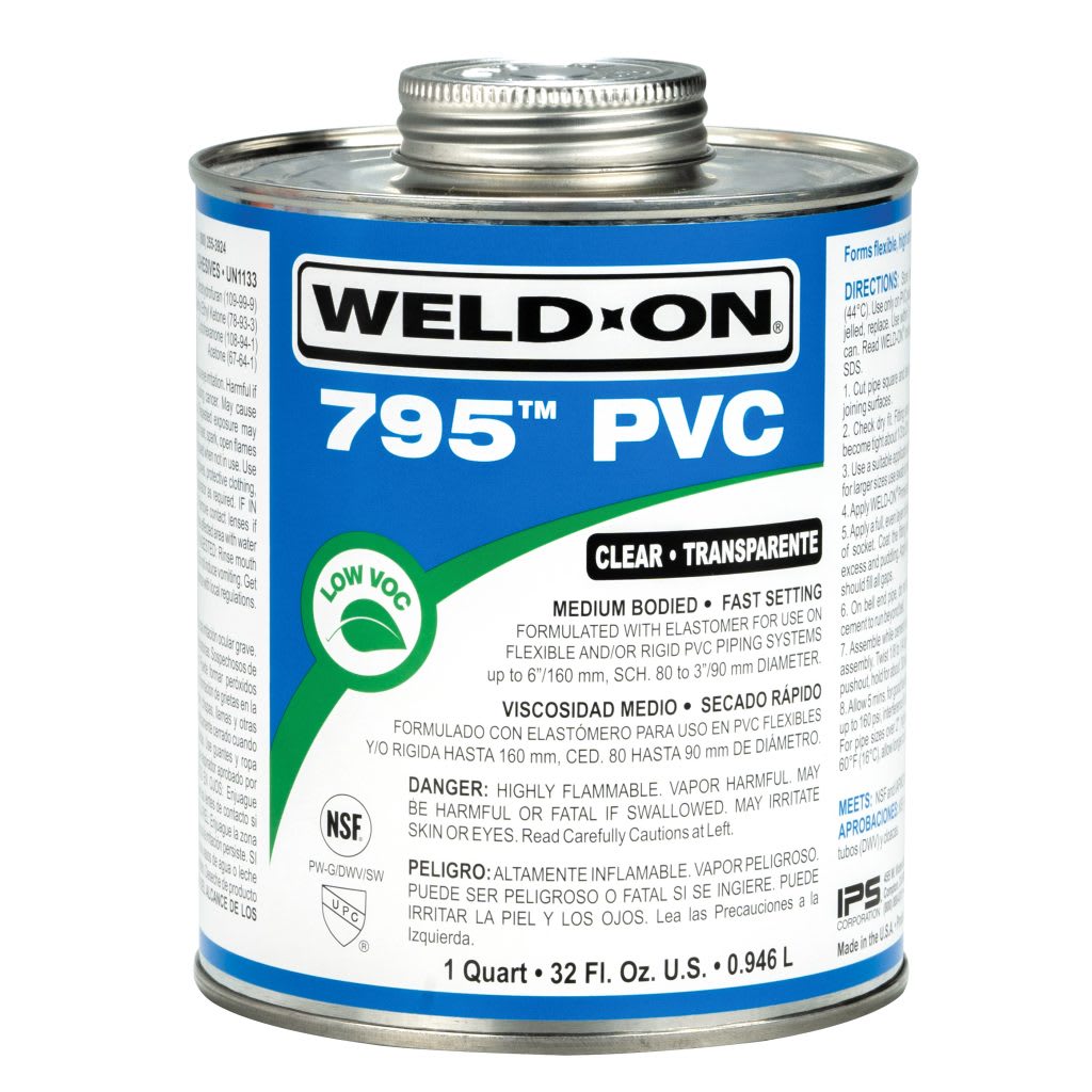 A 32 fl. oz. can of IPS Flex PVC Cement 795 by Pool Goods features a clear, medium-bodied, fast-setting formula with water-resistant joints and low VOC emissions.
