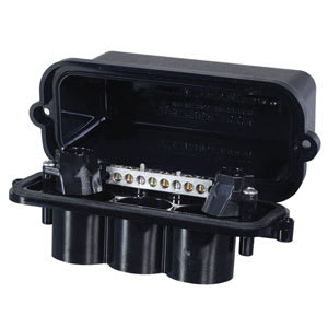 The Intermatic PJB2175, a black plastic junction box for pools/spas, features an open lid with multiple connectors for organizing low-voltage lights. It supports conduit sizes from .5" to 1" and is perfect for seamless outdoor use with up to two lights.
