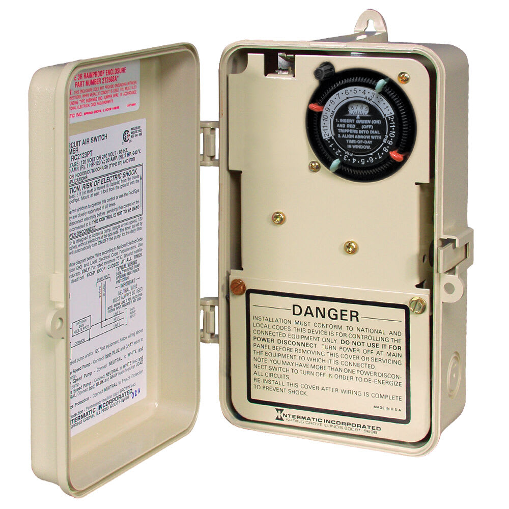 Open the Intermatic RC2343PT 2-Circuit Air Switch box featuring a timer dial and caution labels, housed in a plastic enclosure with 120/240V control for four functions.