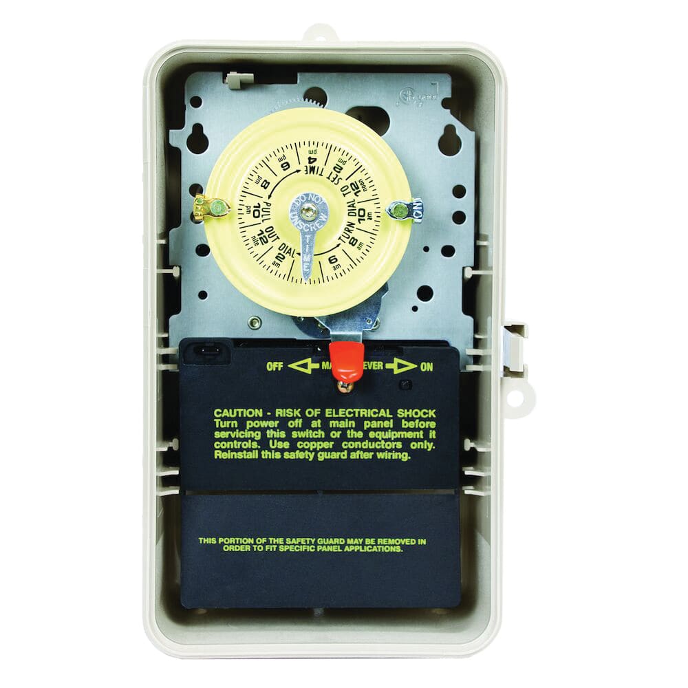 The Intermatic T101P3 24-Hour 120V Mechanical Time Switch by Pool Goods features a Type 3R plastic enclosure with a large central dial marked "ON" and "OFF," wiring instructions, and safety warnings. It's perfect for single load control in demanding settings, offering reliable performance.