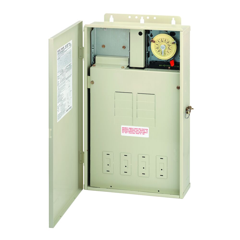 An open Intermatic Power Center with a yellow dial timer and various circuit breakers is expertly arranged within the 125 Amp Pool Goods load center, model T40004R.