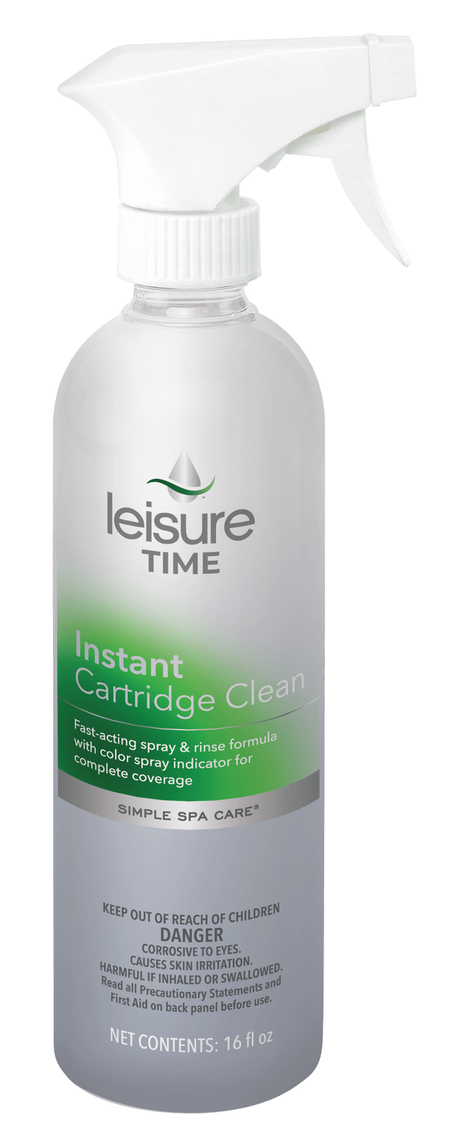 Leisure Time Spa Instant Cartridge Filter Cleaner, 16 oz spray bottle by Leisure Time, for cleaning spa filters; features color spray indicator, safety warnings, and usage instructions on the label.