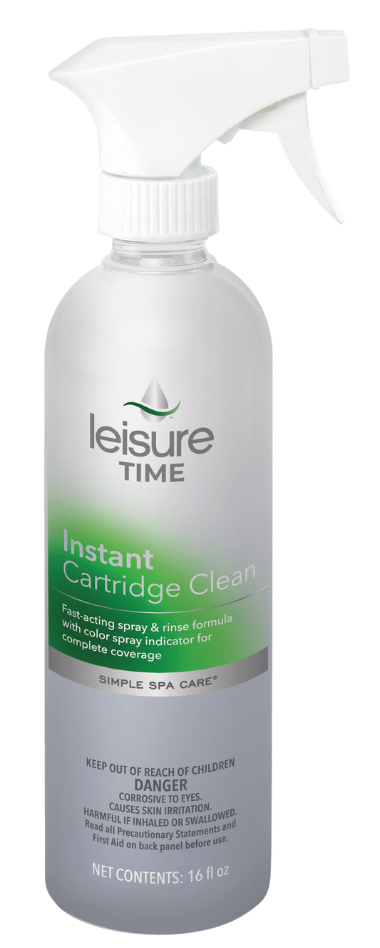 Leisure Time Spa Instant Cartridge Filter Cleaner, 16 oz spray bottle by Leisure Time, for cleaning spa filters; features color spray indicator, safety warnings, and usage instructions on the label.