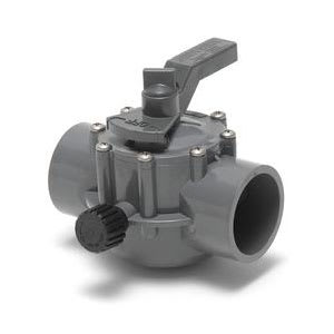 The Jandy Pro Series 2 1/2-2" Positive (Model 2876) is a durable gray CPVC valve with a lever handle and adjustment knob, designed for three pipe connections.