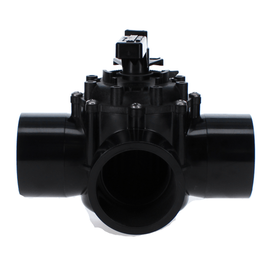 A black Jandy Pro Series NeverLube 4719 valve with a top lever, made of durable CPVC, has two horizontal openings and one central opening against a transparent background.