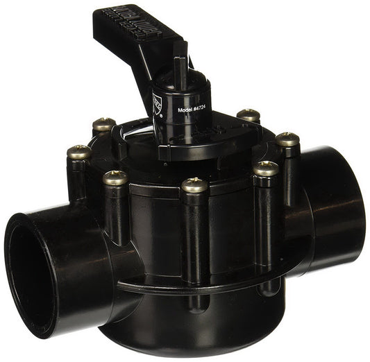 The Jandy Pro Series NeverLube CPVC 2-Port Valve, model 4724, is a durable black valve with a manual lever and three wide openings for pipe connections.