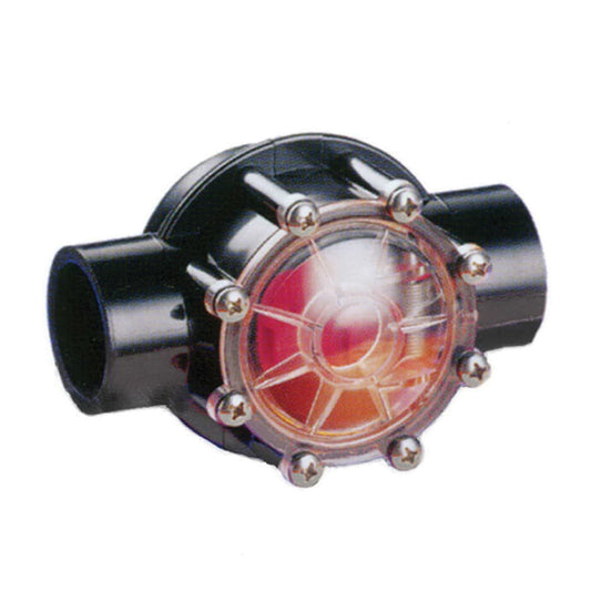 The Jandy Pro Series 2 to 2-1/2" Swing Check Valve | 7305 showcases a clear central section to show water flow, secured by circularly arranged bolts, and crafted from robust CPVC for compatibility with high flow rates.