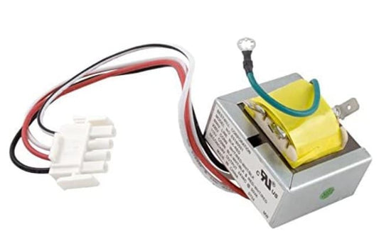 The Jandy Zodiac Laars Heater 24V Transformer (R0061100) is a compact metal-cased unit with attached wires, a white plastic connector, and a yellow component, designed for 115-220V systems.