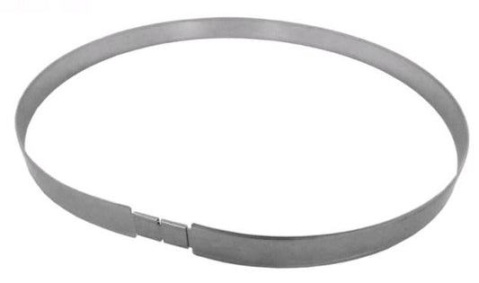 The Jandy Pro Series Ring, Retaining, Large (R0405200) by Jandy is a circular metal band with a clasp mechanism, similar to an adjustable hose clamp.