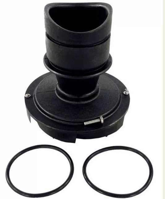 The Jandy Pro Series Diffuser with O-Ring & Hardware (R0445400) features an oval black plastic exhaust funnel attachment and includes two rubber O-rings placed in front.