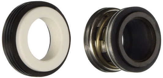 Two Zodiac Jandy Mechanical Shaft Seals (R0445500), featuring one with a white center and black rim, and another with a black center and metal outer edge, are placed side by side on a simple background.