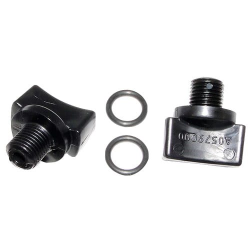 Two black Jandy Pro Series Heat Exchanger Drain Plugs (R0446000) with o-rings are shown from different angles against a white background.