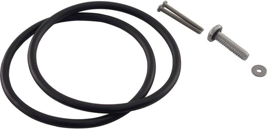 The Jandy Pro Series Diffuser/Impeller R0446500, featuring two black rubber O-rings, two metal screws, a washer, and a nut, is showcased against a white background.