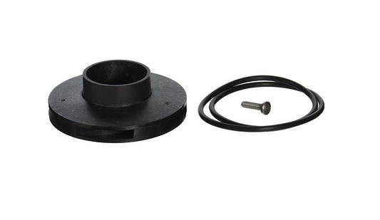 Jandy FHPM 2HP Pump Impeller & Screw w/ O-Ring (R0479604) set features a black plastic flange with a central opening, a small silver screw, and a black rubber O-ring on a white background.