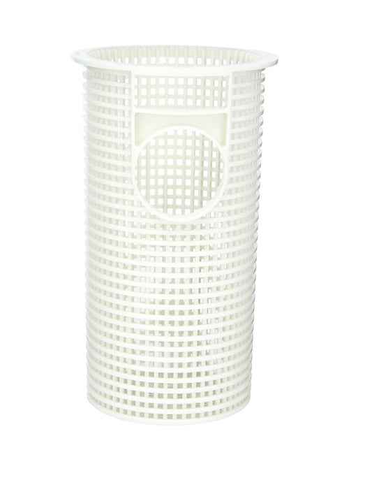 The Jandy FHP Pump Debris Filter Basket (R0480100) is a cylindrical, white plastic mesh basket serving as a replacement strainer for the VS FloPro pool pump. It features an open top with a grid-like pattern and a circular handle cutout near the top to enhance pool circulation.