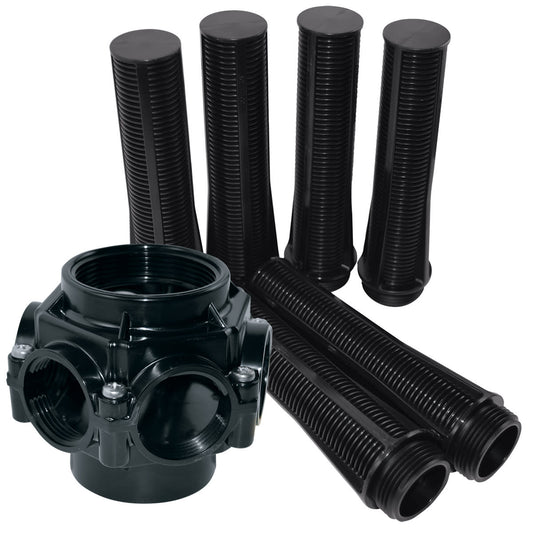 The Jandy JS60 Hub Assembly with 24" Laterals (R0520200) and five ribbed black filter cartridges from Jandy are shown on a white background.