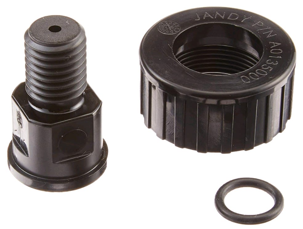 The Zodiac Jandy Tank Adapter w/ O-Ring (R0552000) by Jandy includes a threaded connector, a knurled "Jandy" cap, and an O-ring, all shown in black plastic against a white background.
