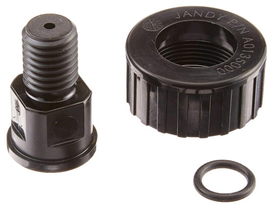 The Zodiac Jandy Tank Adapter w/ O-Ring (R0552000) by Jandy includes a threaded connector, a knurled "Jandy" cap, and an O-ring, all shown in black plastic against a white background.