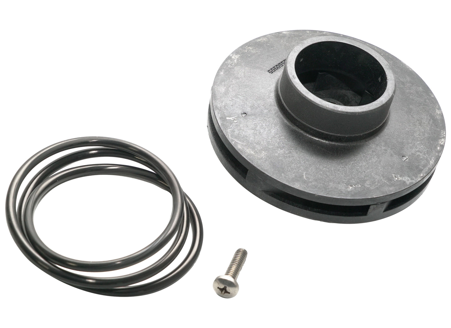 A Jandy Pro Series Impeller Replacement (R0807200) lies with a coiled spring and a small screw on a white surface.