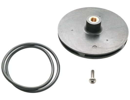 The Jandy Impeller Replacement Kit (R0808300) includes a black plastic round component with a central brass insert, a coiled rubber O-ring, and a single metal screw. Brand: Jandy.