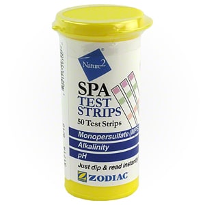 The yellow container of Nature2 Spa Test Strips (50/Pack, W29300) by Jandy is ideal for testing monopersulfate, alkalinity, and pH levels in your hot tub water.