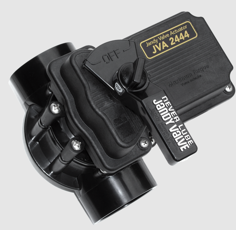 The Jandy Pro Series Electric Valve Actuator 24V (4424) comes in black, sports a "Never Lube" handle, and is designed for seamless integration with AquaLink RS Control Systems to boost automatic pool equipment efficiency.