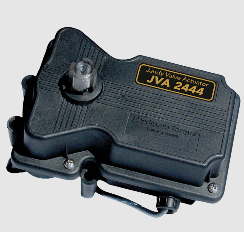 The Jandy Pro Series Electric Valve Actuator 24V | 4424, with visible gear and wiring labeled "Maximum Torque," is fully compatible with automatic pool equipment and AquaLink RS Control Systems for seamless integration.