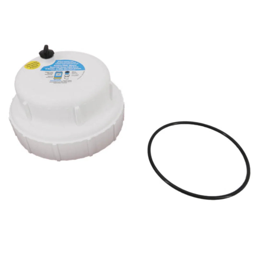 The Frog King Tech Pool Frog 40K Cap w/ O-Ring (01-22-9416) is a white plastic filter housing cap with a blue label and comes with a separate black rubber O-ring, shown on a white background.
