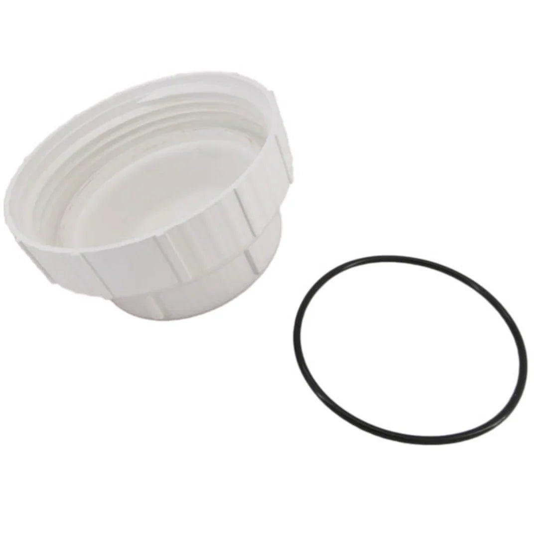 The Frog King Tech Pool Frog 40K Cap (white plastic, threaded) and black rubber O-ring (01-22-9416) are displayed together on a plain white background.