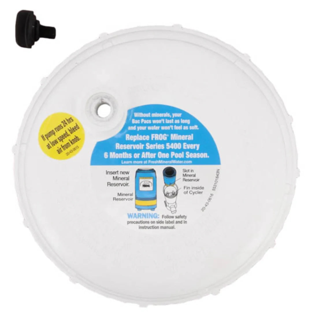 The King Tech Pool Frog 40K Cap w/ O-Ring (01-22-9416) by Frog is a white circular pool filter lid featuring a blue and yellow label with replacement instructions and advice to change the FROG Mineral Reservoir Series 5400 every six months.