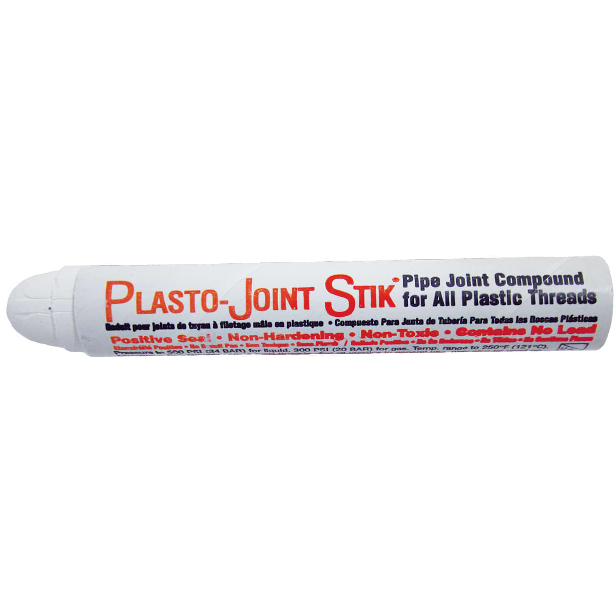 The Pool Goods La-Co Plasto-Joint Stik Plastic Thread Sealant Stick (11775) in a white tube with red and blue text seals all plastic threads—perfect for pool and spa installations.
