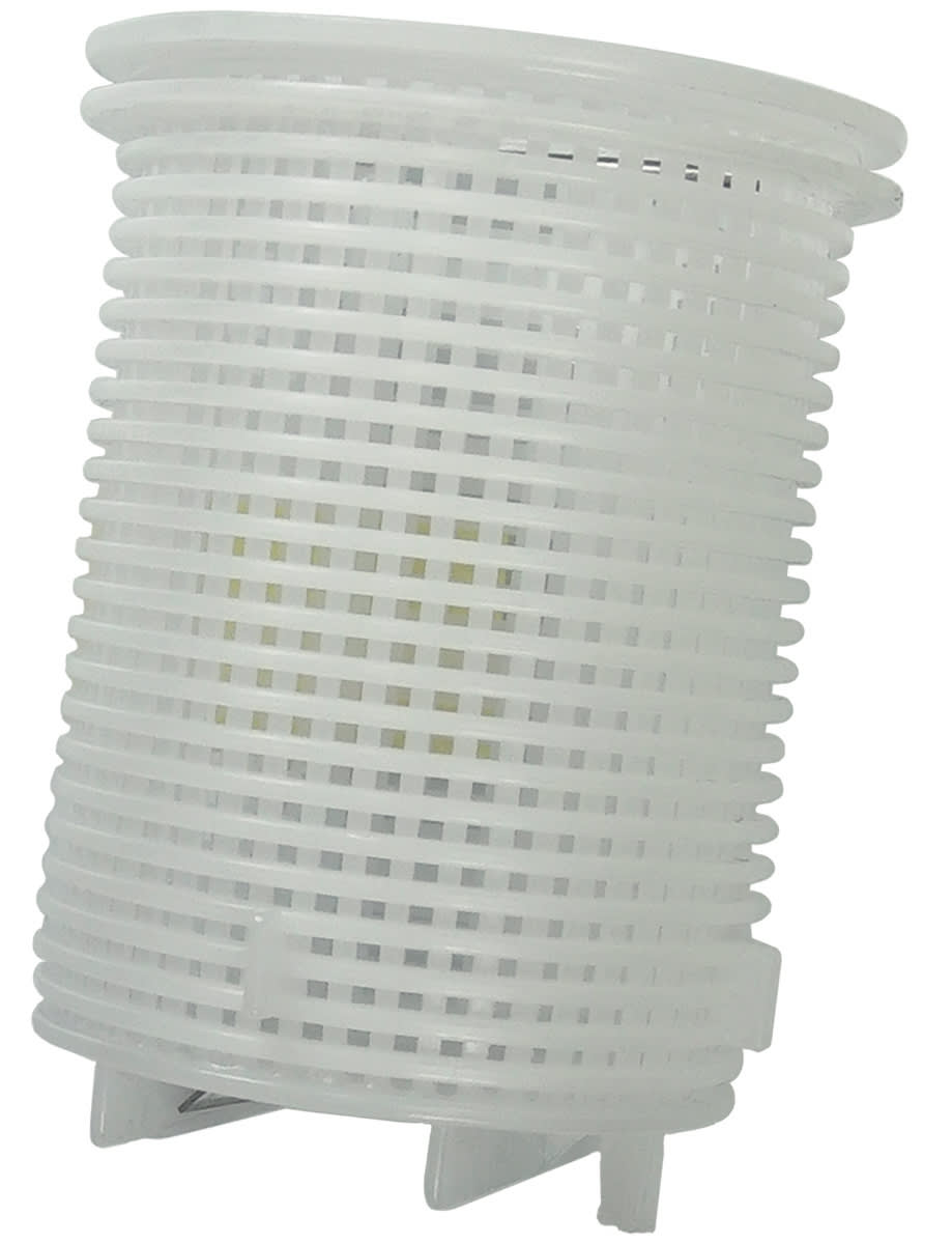 The Pool Goods Lomart Skimmer Basket Assembly (1300-1002) is a white cylindrical plastic mesh filter with a grid pattern and four small legs at the base, shown against a plain background.