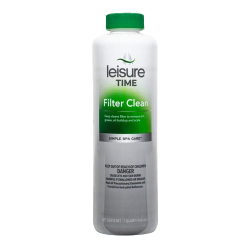 A 32 oz bottle of Pool Goods Leisure Time Spa Cartridge Filter Cleaner | ADVO, designed for effective maintenance by removing dirt, grease, and buildup from spa filters.