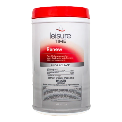 A white container with a red lid labeled "Leisure Time Renew Granular 5 lb | RENU5" by Leisure Time, a non-chlorine spa oxidizer for hot tub water, featuring safety and usage info on the front.