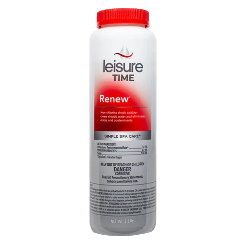 The Leisure Time Spa Renew Non-Chlorine Shock (2.2 lb, RENU2) by Leisure Time features a red cap and is ideal for spa water treatment, ensuring your spa remains pristine and inviting.