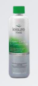 A 1-pint plastic bottle of Pool Goods Leisure Time Spa Cover Care & Conditioner (3192A) featuring UV protection, a green cap, and a green-and-white label.
