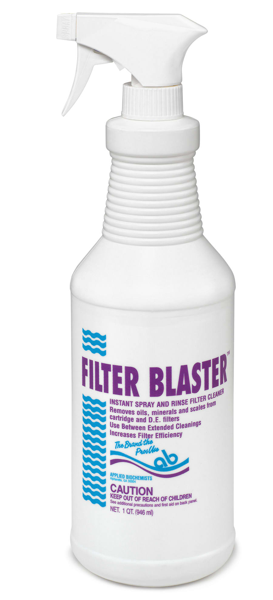 Applied Biochemists Filter Blaster Filter Cleaner, 32 oz (400720A), is a powerful spa and pool filter cleaner in a white spray bottle with blue text. Includes instructions; keep out of reach of children.