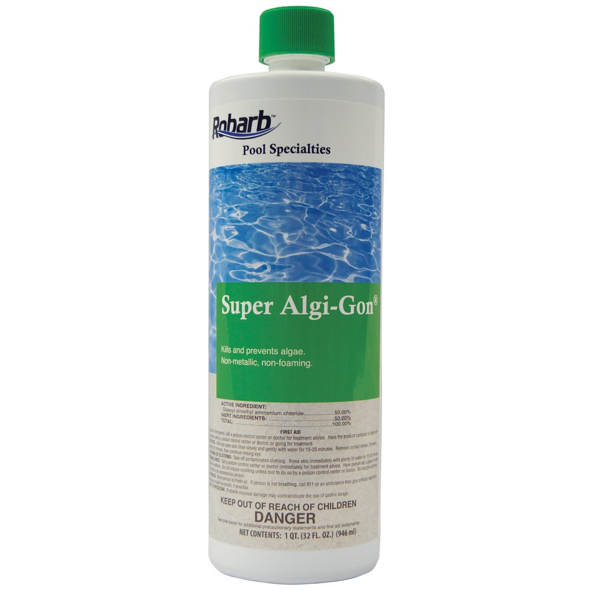 Bottle of Applied Bio Algi-Gon algaecide by Applied Biochemists, 32 oz. with green cap. Label: "Kills and prevents algae. Non-metallic, non-foaming quat algaecide." Warnings listed at the bottom. SKU: 40714A.