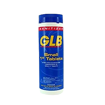 A 2 lb bottle of Pool Goods GLB Small 1" Chlorine Tablets (GL1TA2) with a blue label and white cap, ideal for continuous pool disinfection.