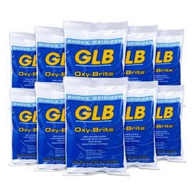 Ten 1 lb bags of Pool Goods GLB Oxy-Brite Non-Chlorine Shock (GLOXBR1) are grouped together, featuring blue and white packaging with yellow text.