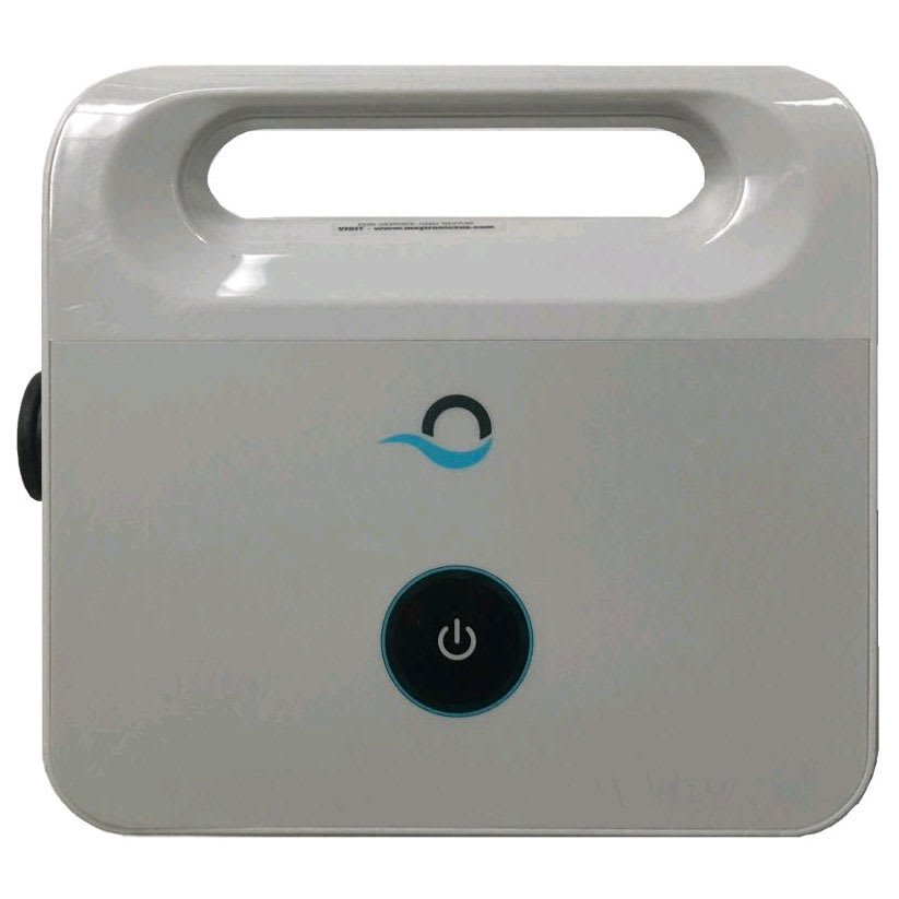 The Maytronics Dolphin Power Supply 120W 115V | 99956034US-ASSY is a portable white medical device with a carrying handle and large power button on the front, featuring a wave-like logo above the button.