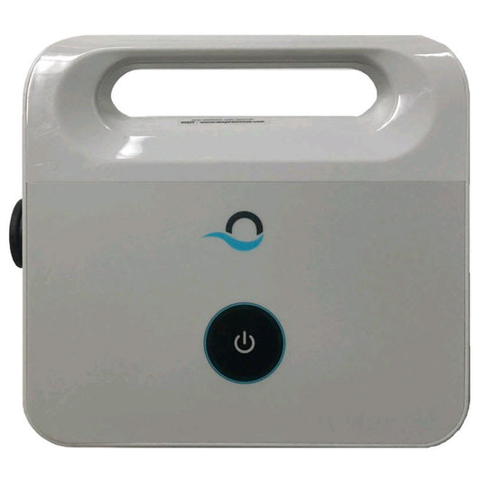 The Maytronics Dolphin Power Supply 120W 115V | 99956034US-ASSY is a portable white medical device with a carrying handle and large power button on the front, featuring a wave-like logo above the button.