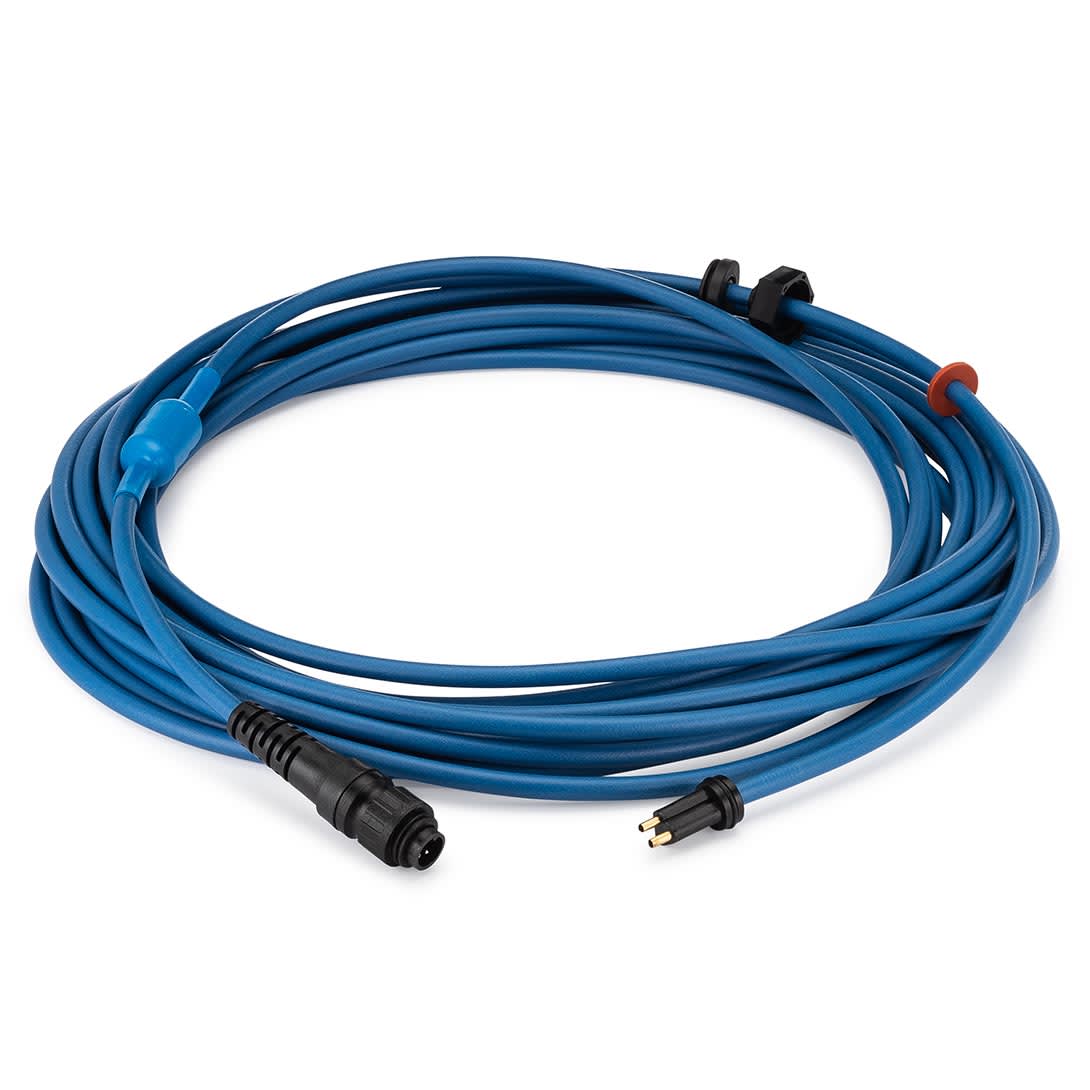 A Maytronics Dolphin 2-Wire 50' blue cable with a two-pin plug and black connector, from Maytronics, is coiled on a white background.